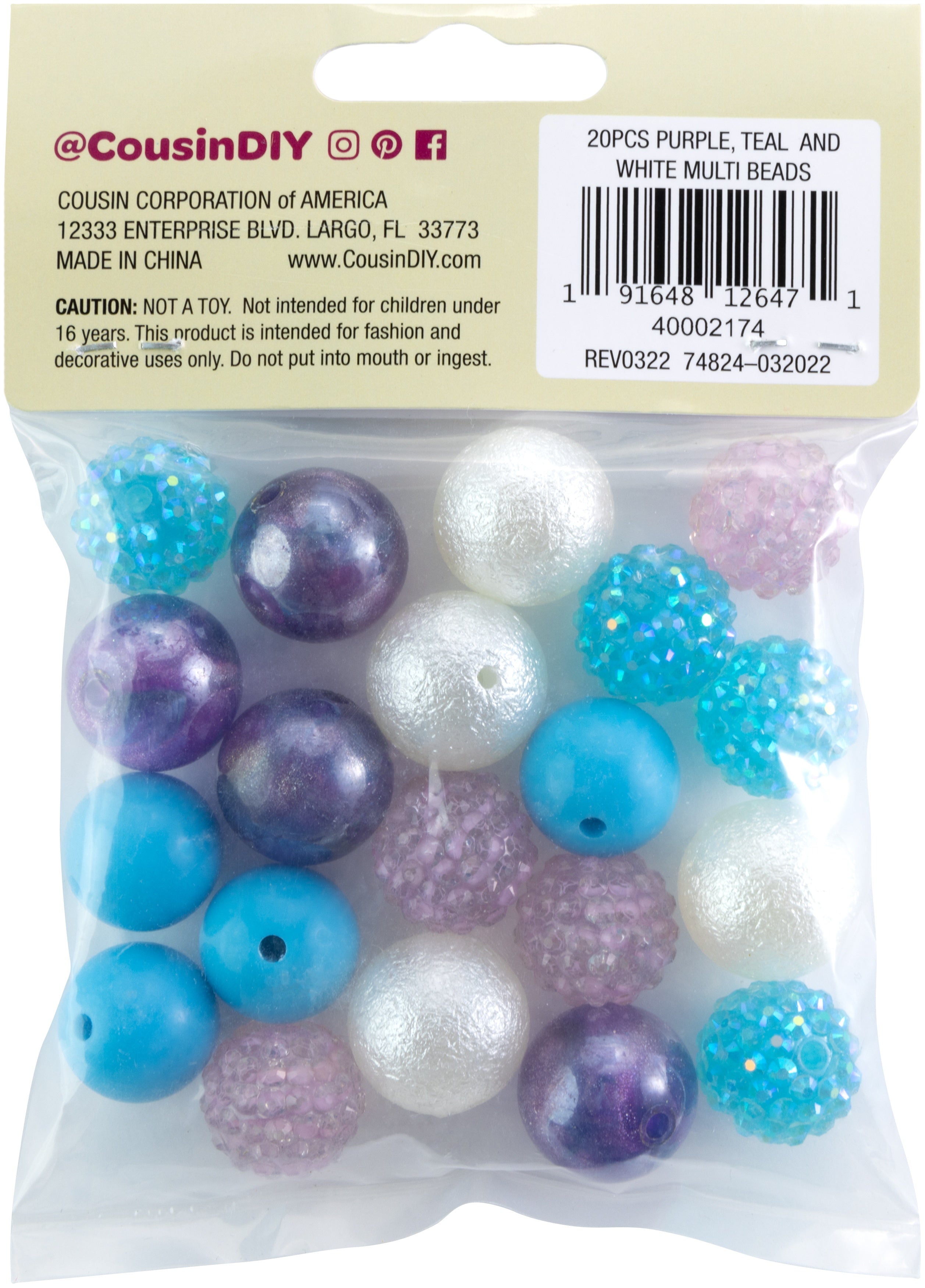 CousinDIY Bubblegum Bead 20mm 20/Pkg-Purple, Teal, White Mix