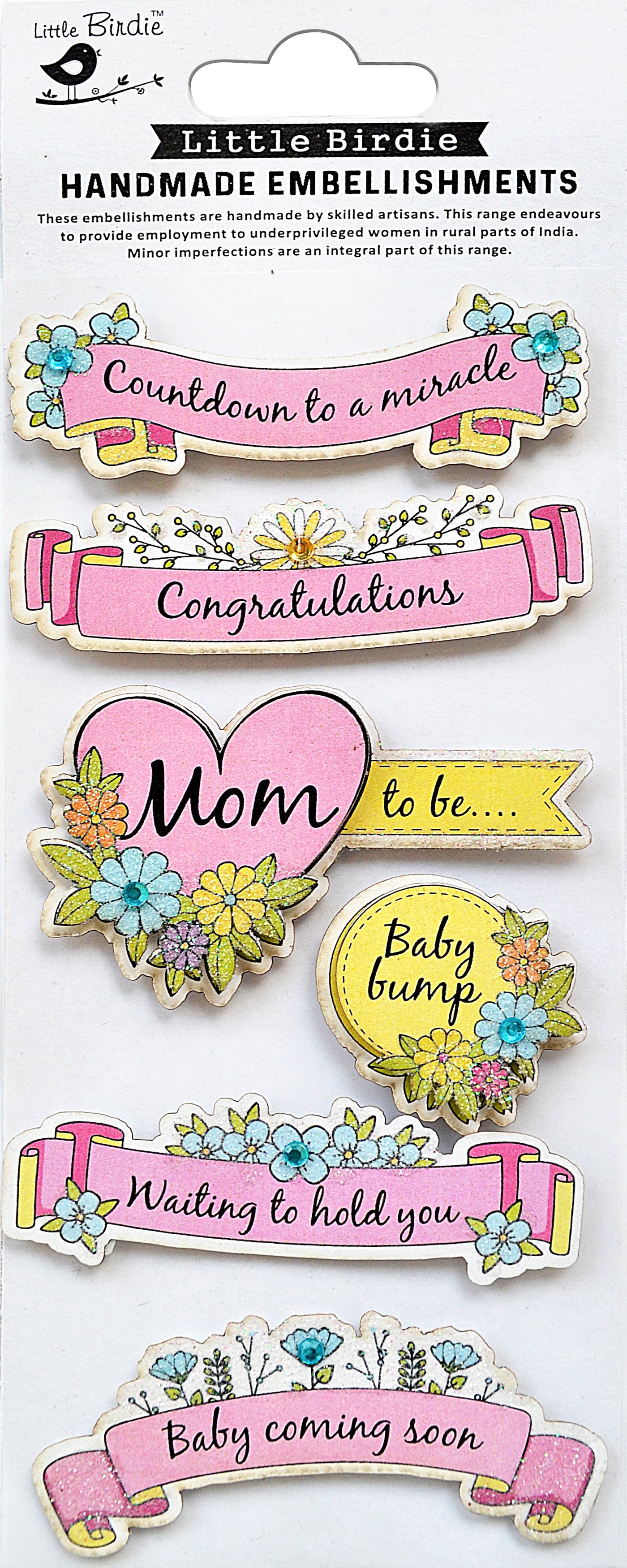 Little Birdie Baby Embellishment 6/Pkg-Countdown To A Miracle Pink