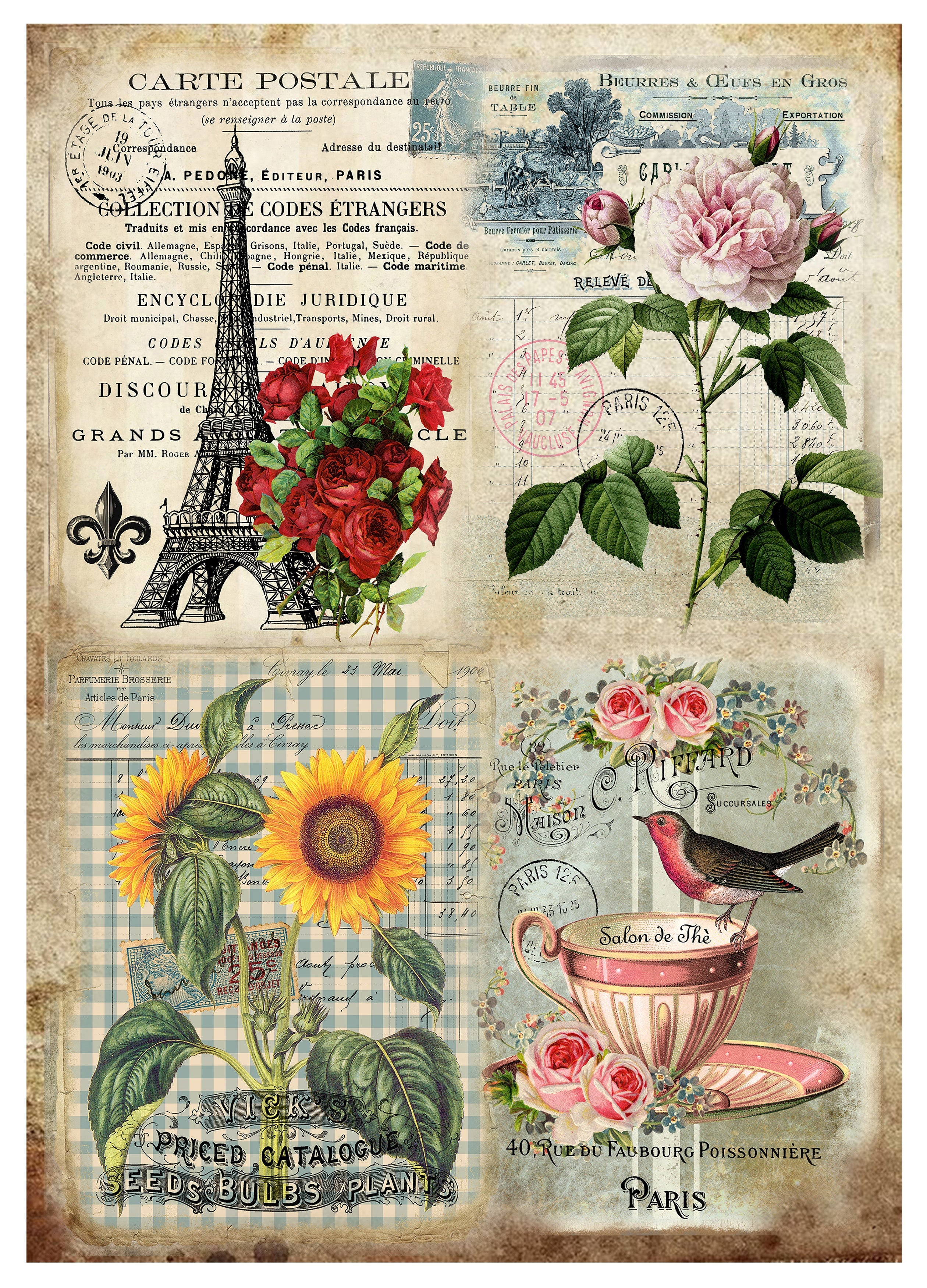 Little Birdie Deco Transfer Sheet A4-Vintage Postcard