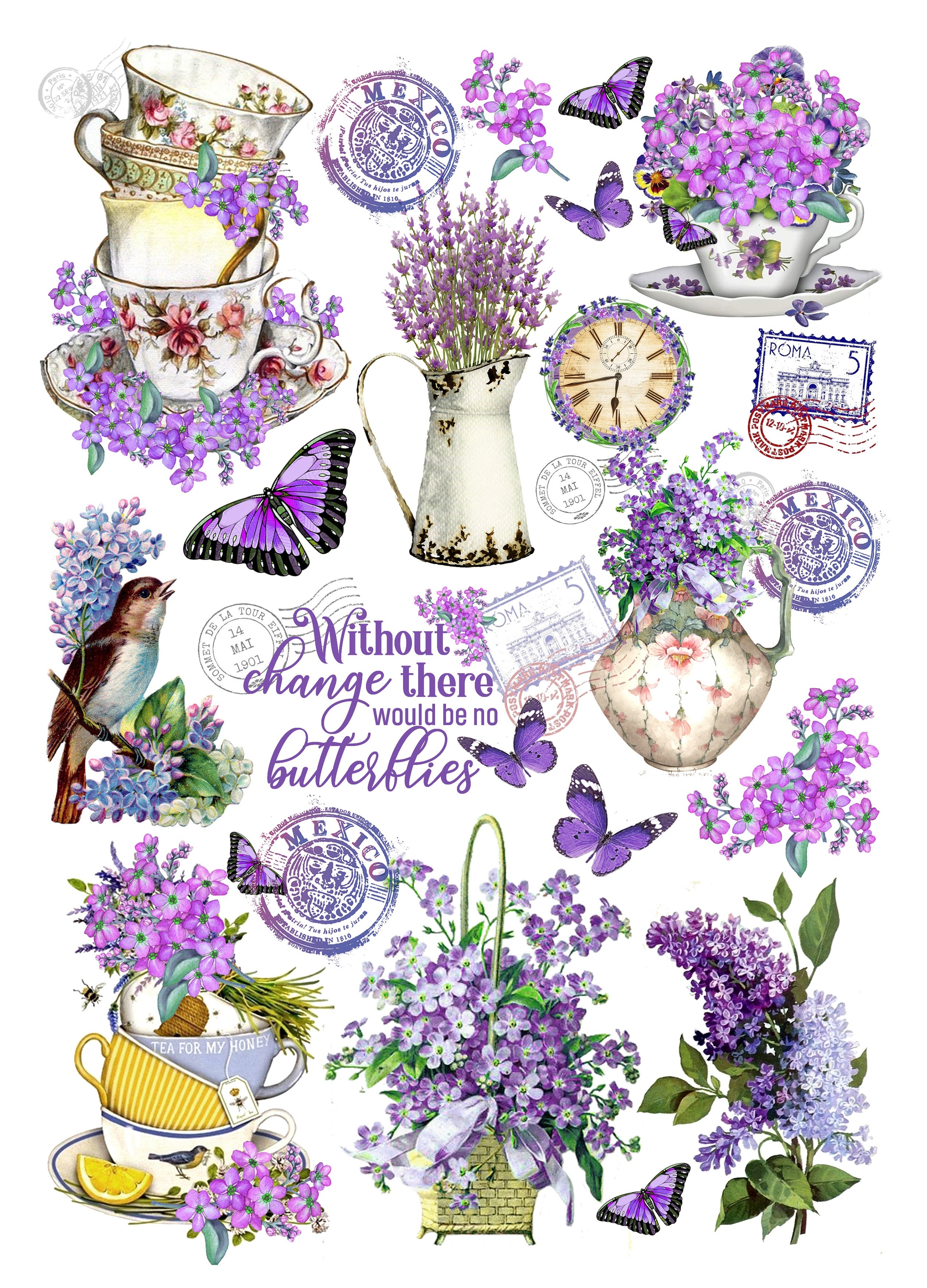 Little Birdie Deco Transfer Sheet A4-Lavender Blossoms