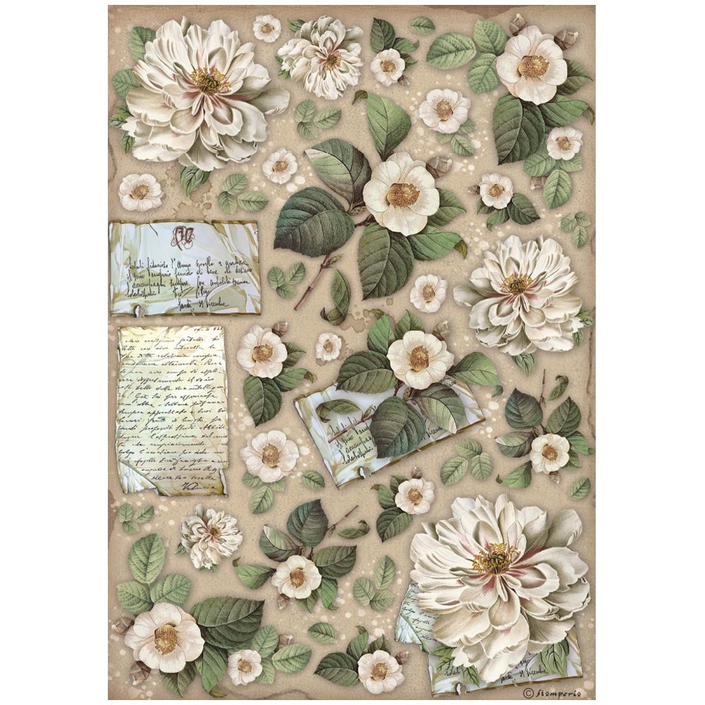 Stamperia Rice Paper Sheet A4-Vintage Library Flowers & Letters