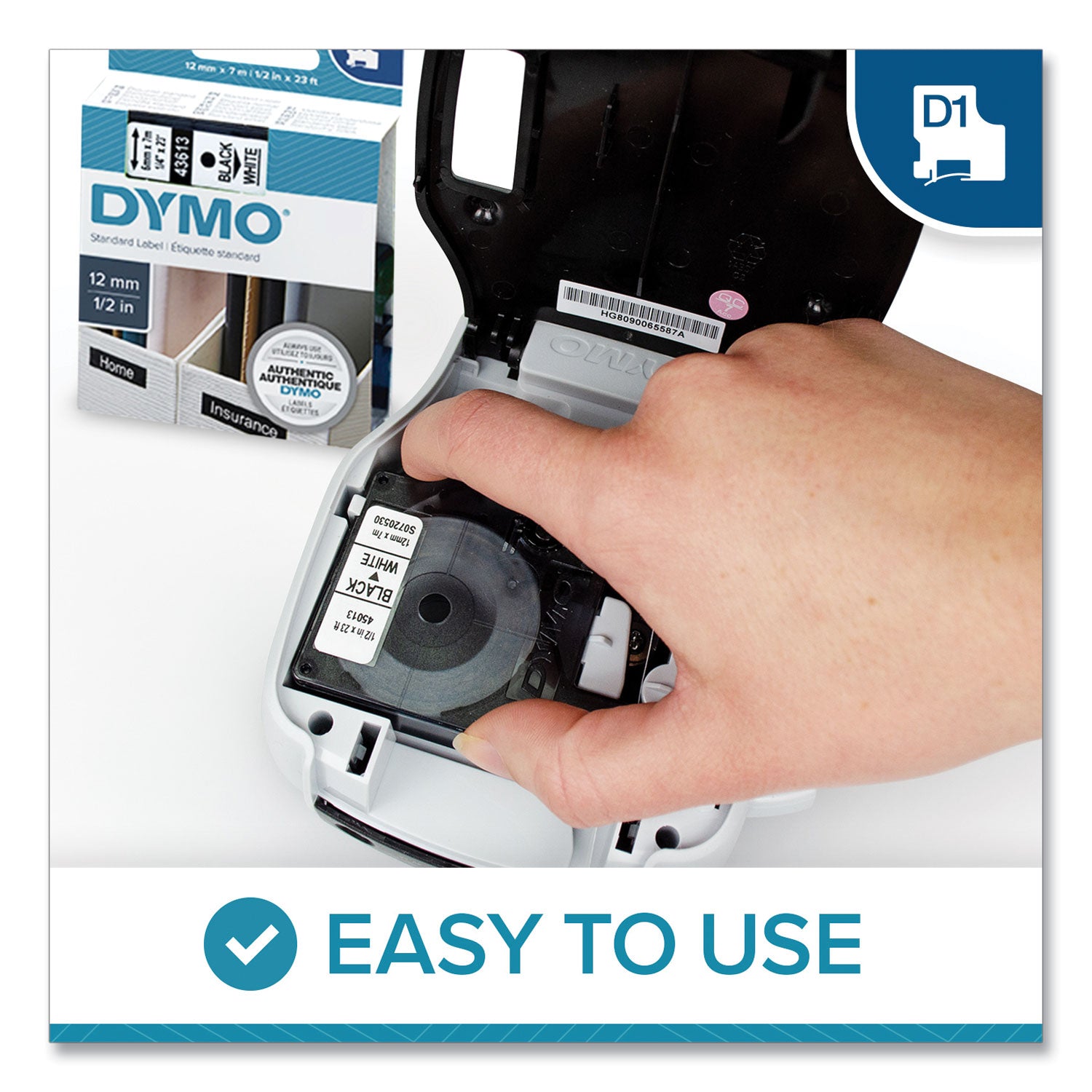 DYMO® D1 High-Performance Polyester Removable Label Tape, 1/2" x 23 ft, Black on Clear