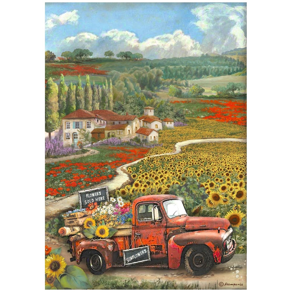 Stamperia Rice Paper Sheet A4-Sunflower Art Vintage Car