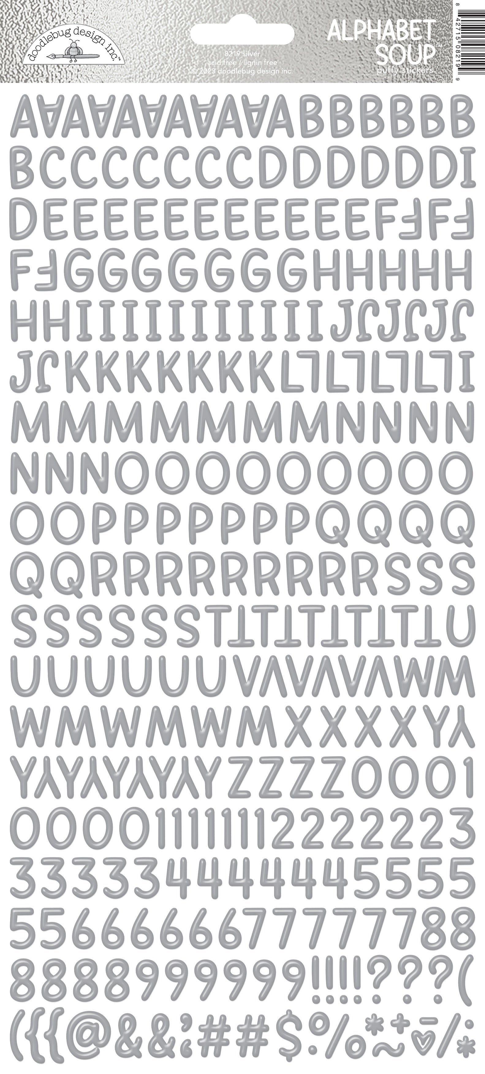 Doodlebug Puffy Stickers 6/Pkg-Silver Alphabet Soup, Hello Again