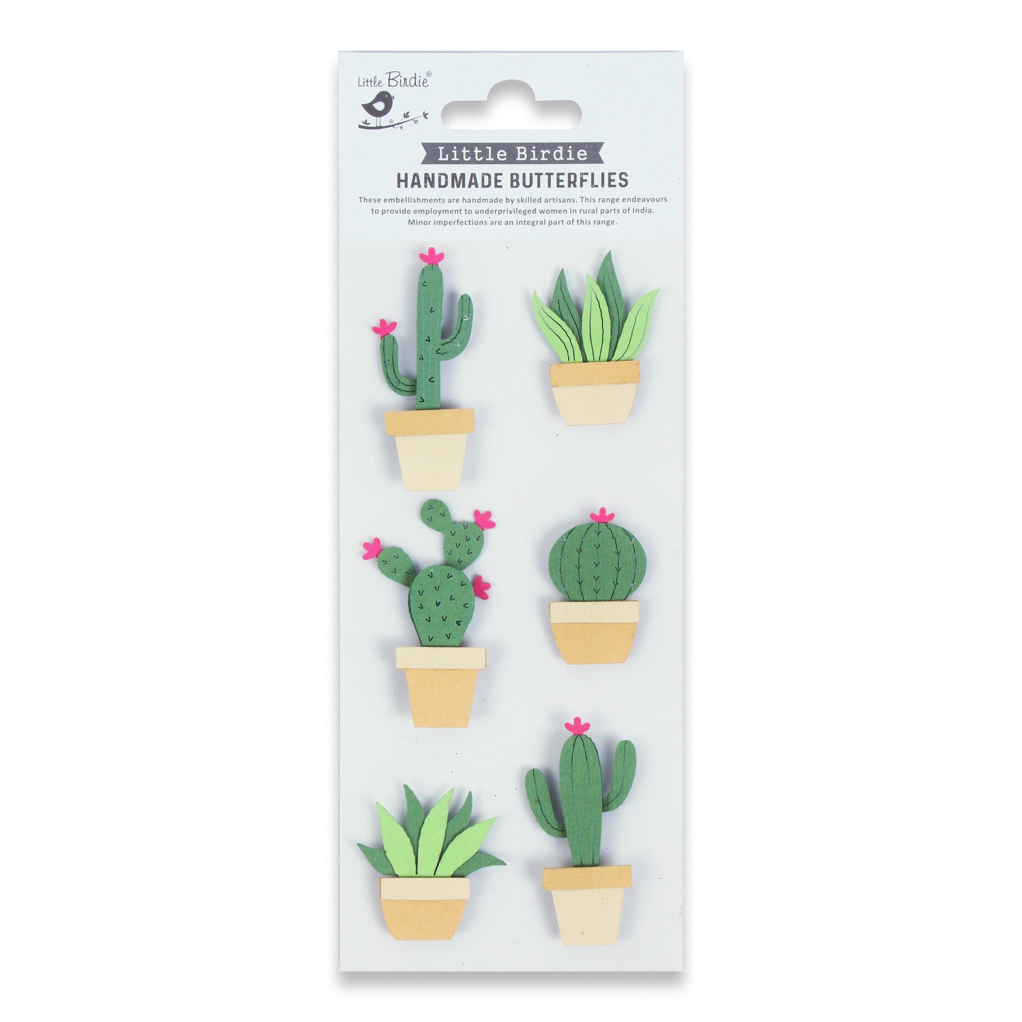 Little Birdie 3D Sticker Embellishment 6/Pkg-Cactus Adore