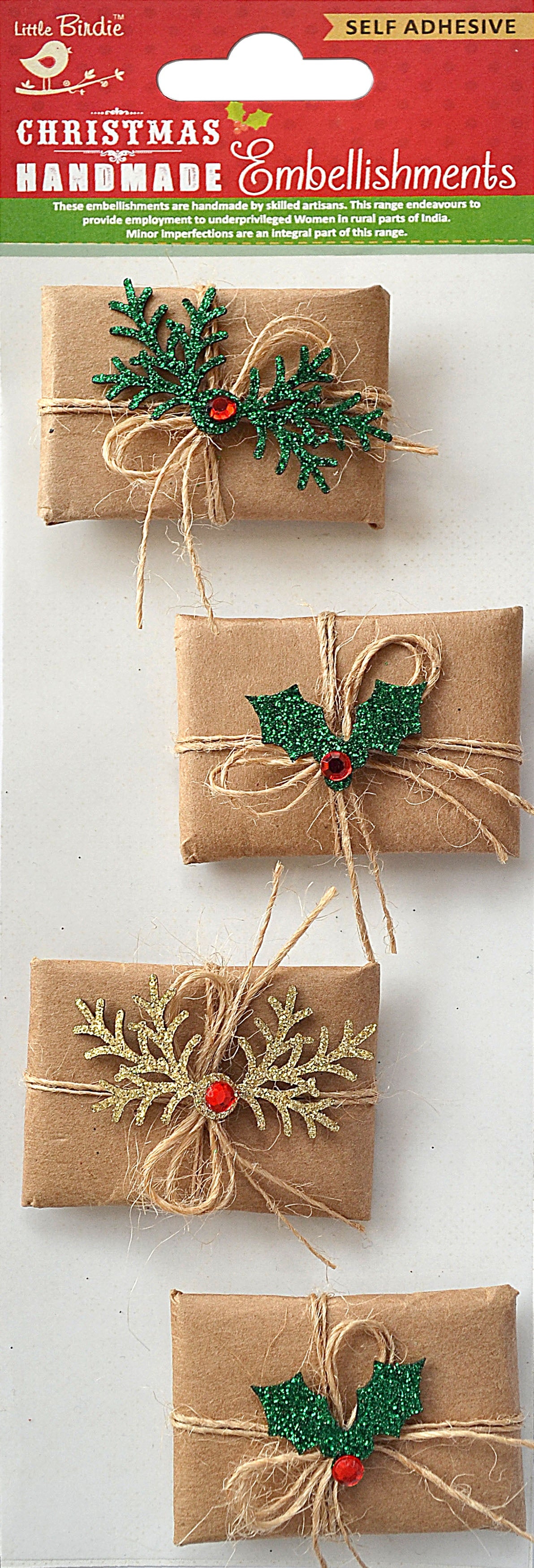 Little Birdie Christmas Sticker Embellishment 4/Pkg-Wrapped
