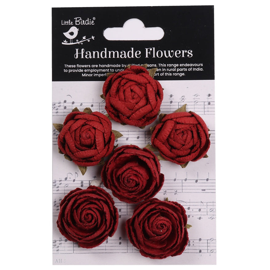Little Birdie English Roses Paper Flowers 6/Pkg-Cardinal Red