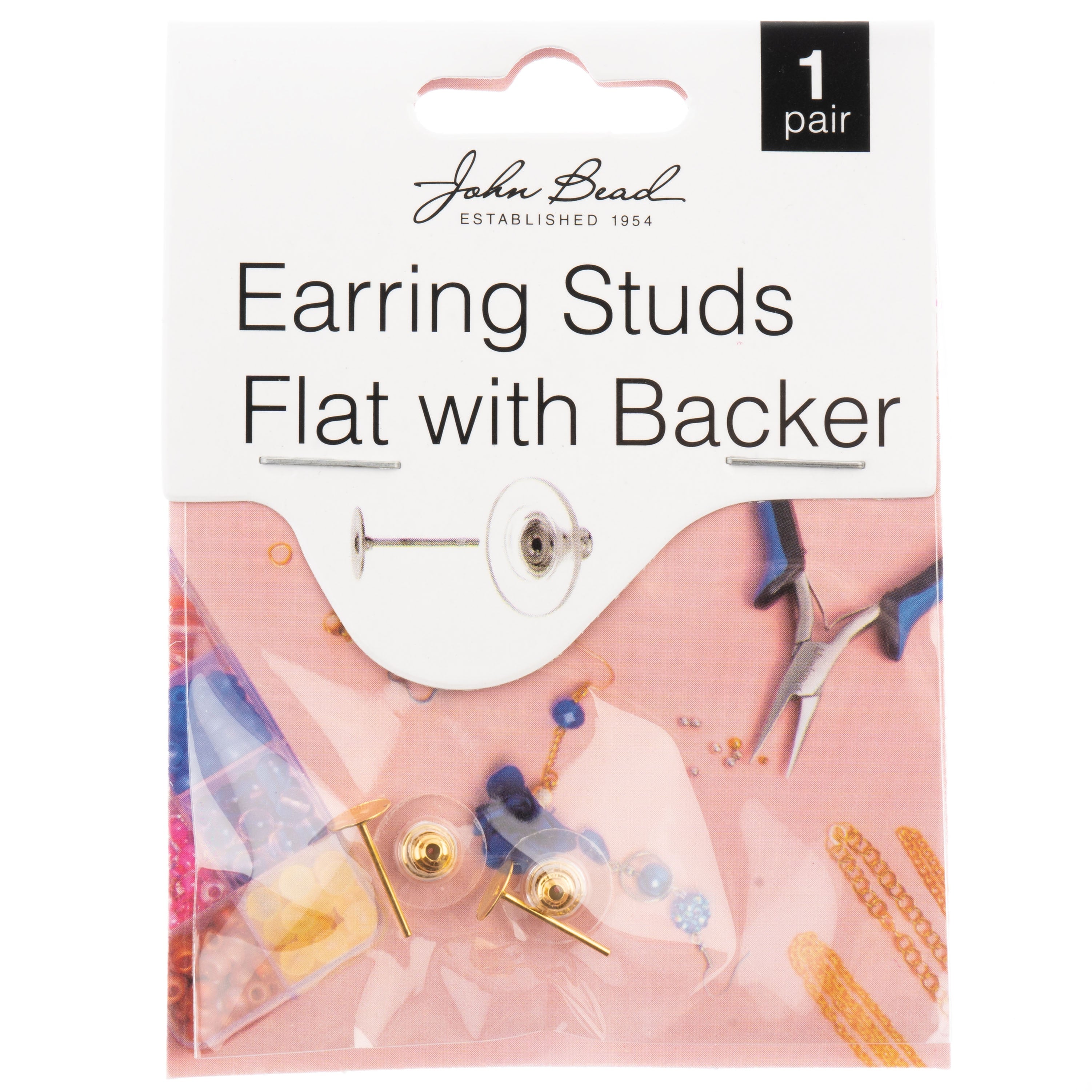 John Bead Earring Studs Flat with Barrel Clutch 12mm 1Pair-Gold