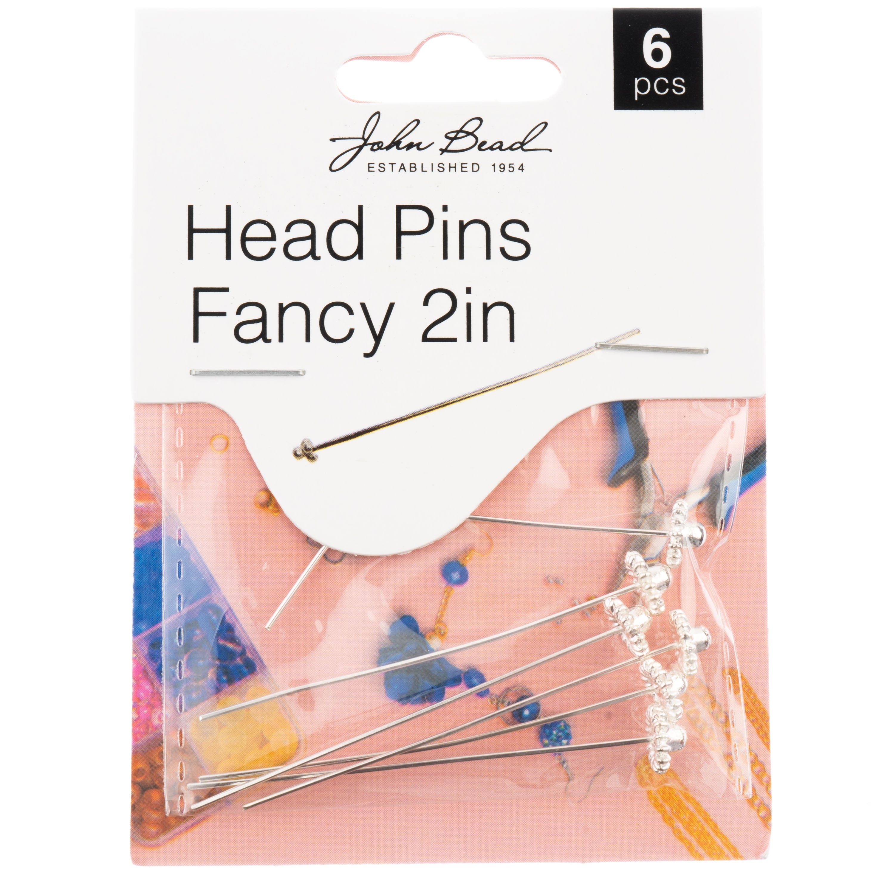John Bead Head Pins Fancy 2in 6/Pkg-Silver