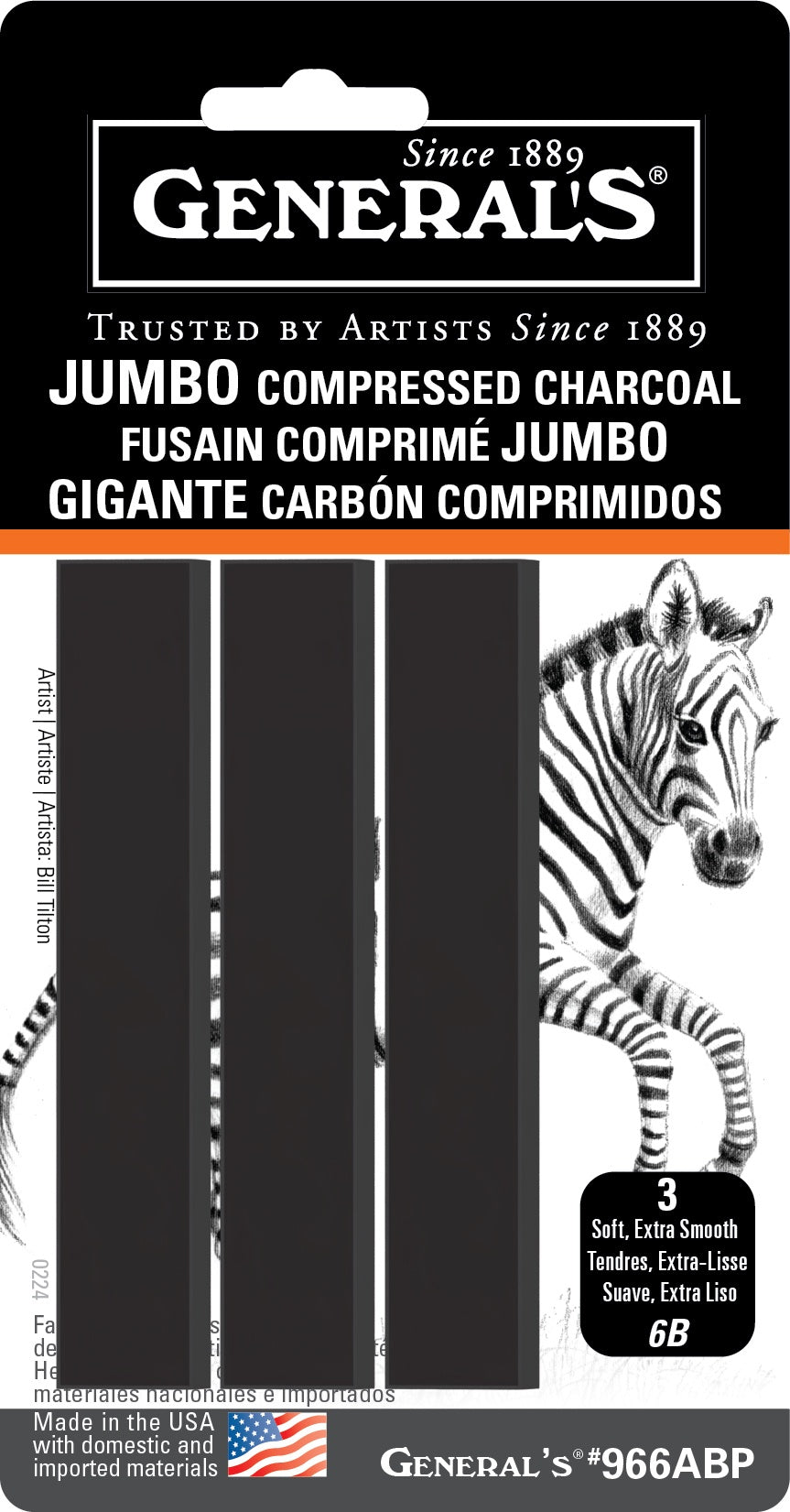 General's Jumbo Compressed Charcoal Sticks 3/Pkg-Black - 6B