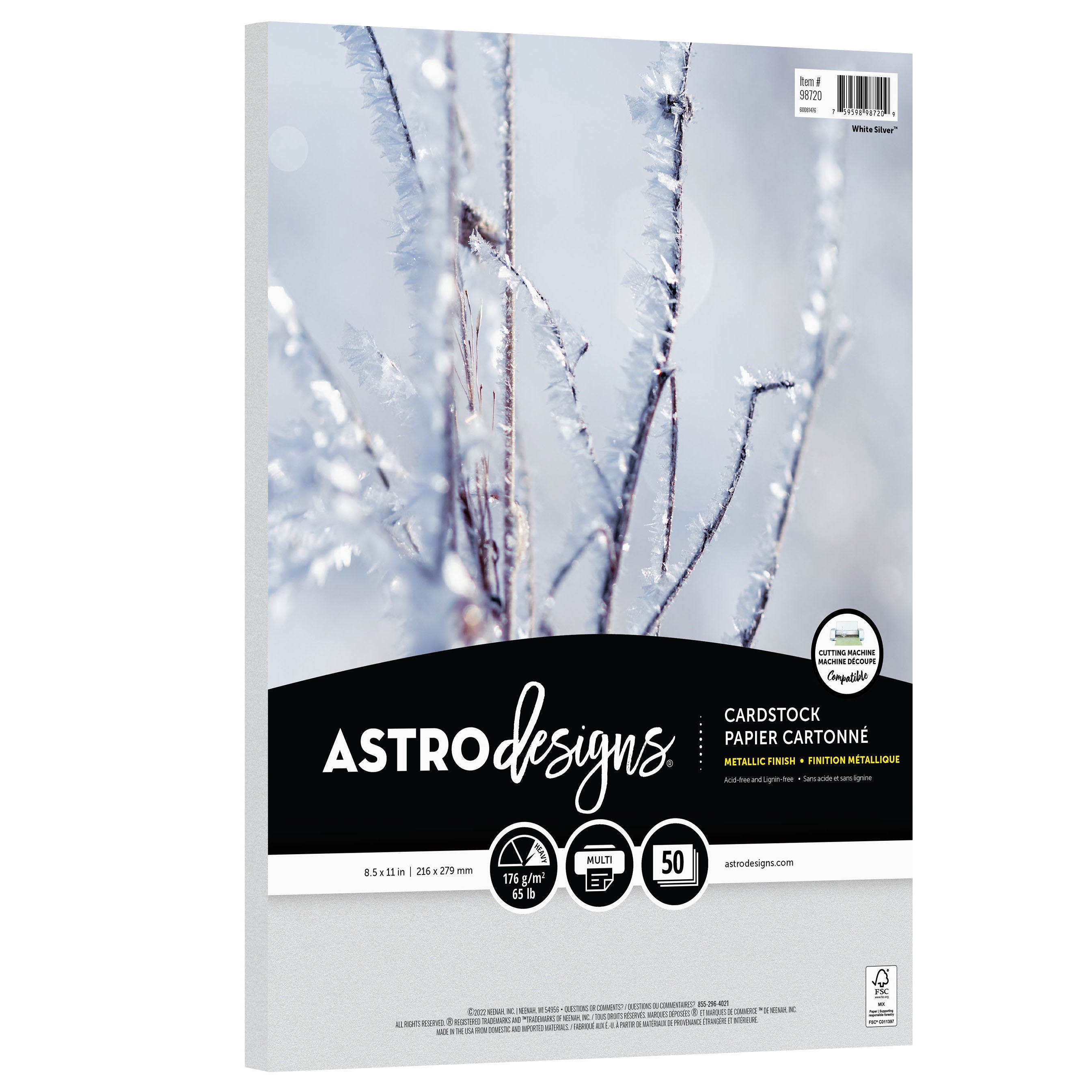 Neenah Astrodesigns 65lb Metallic Cardstock 8.5"X11" 50/Pkg-Metallic White Silver