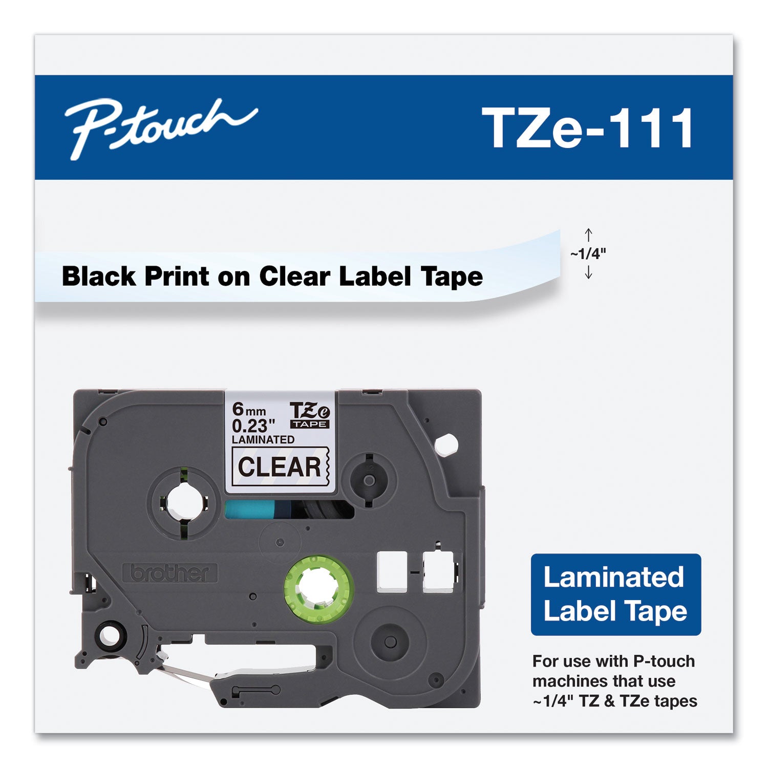 Brother P-Touch® TZe Standard Adhesive Laminated Labeling Tape, 1/4"w, Black on Clear