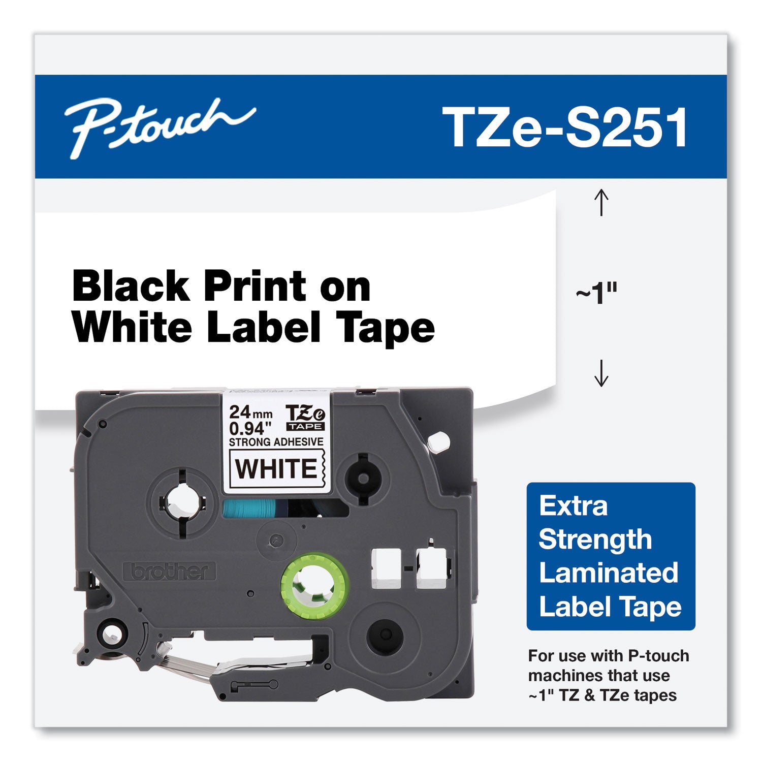 Brother P-Touch® TZe Extra-Strength Adhesive Laminated Labeling Tape, 1"w, Black on White