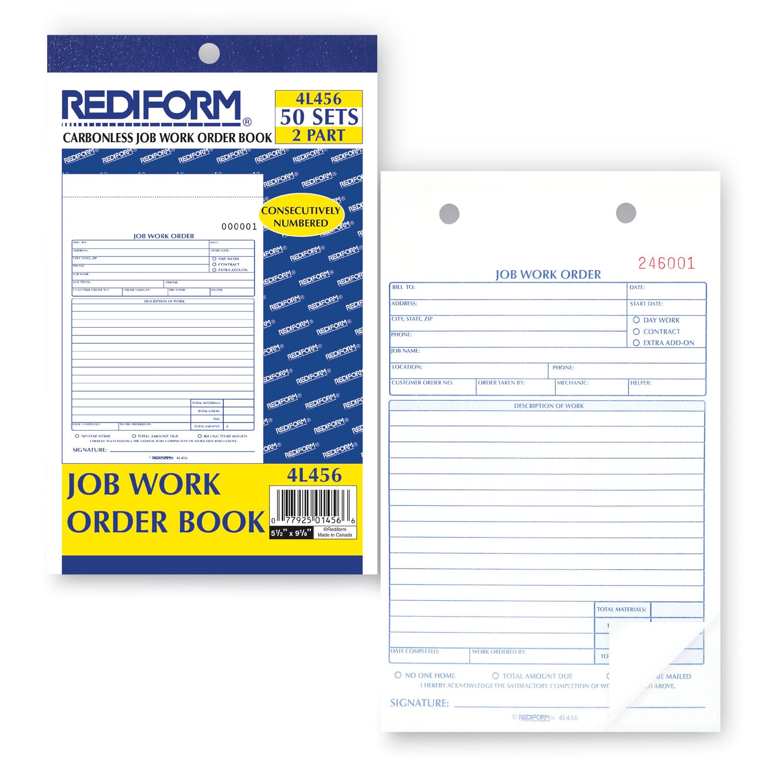 Rediform® Job Work Order Book, 5 1/2 x 8 1/2, Two Part Carbonless, 50/Book
