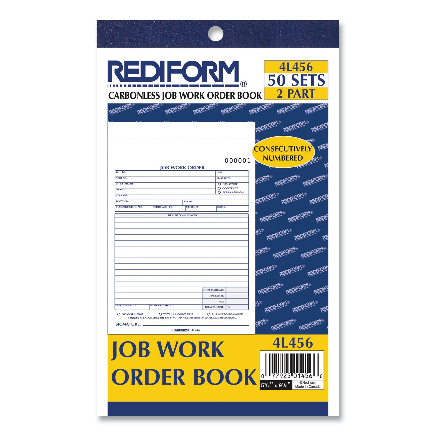 Rediform® Job Work Order Book, 5 1/2 x 8 1/2, Two Part Carbonless, 50/Book