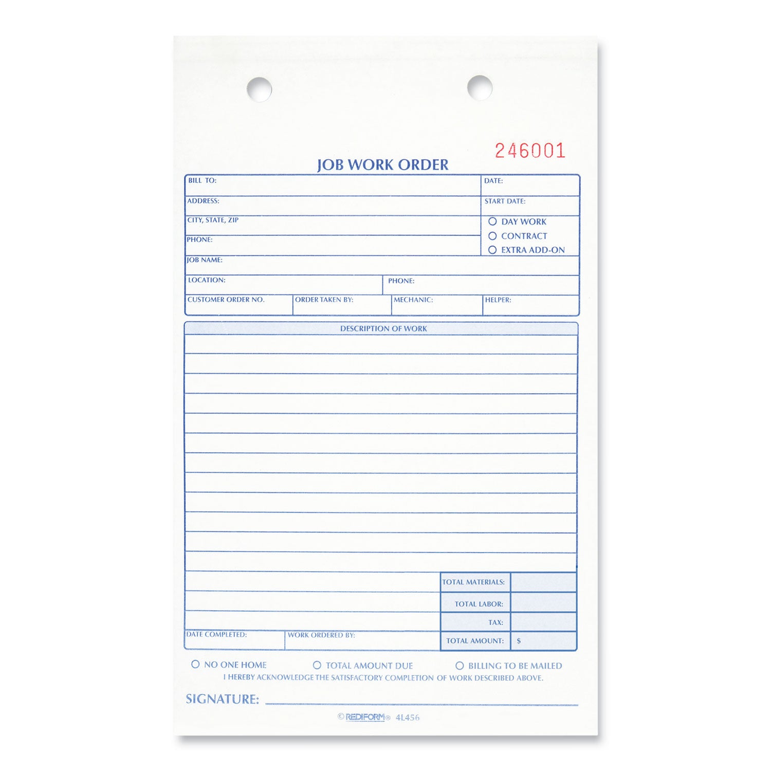 Rediform® Job Work Order Book, 5 1/2 x 8 1/2, Two Part Carbonless, 50/Book