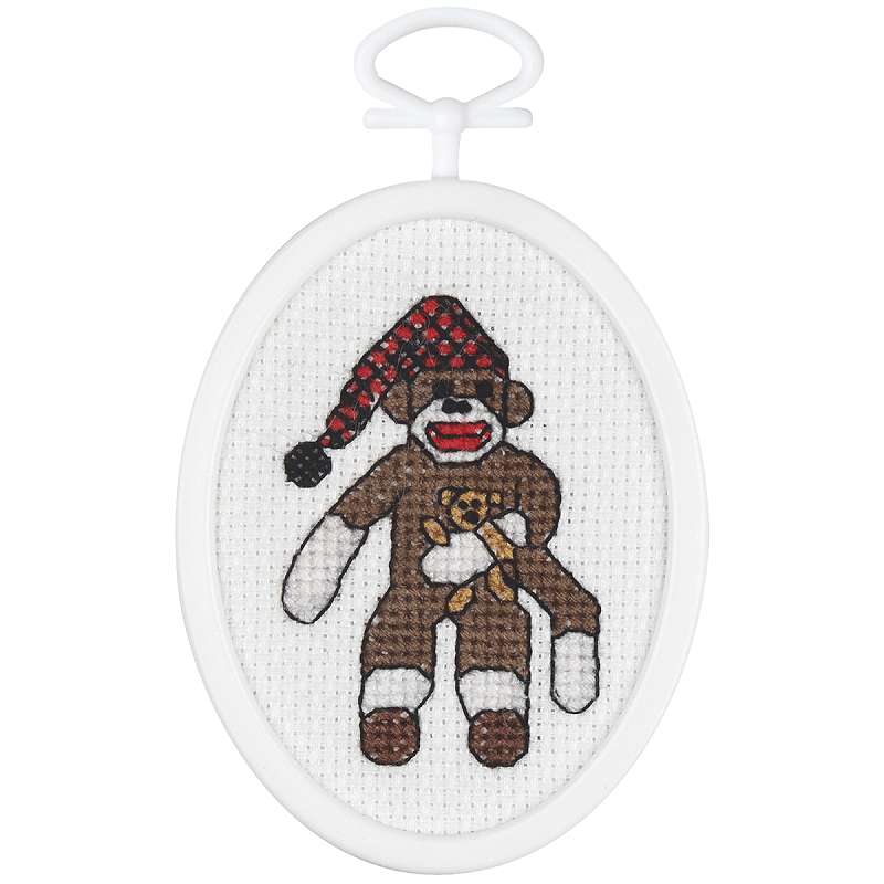 Peejay Sock Monkey Mini Counted Cross Stitch Kit 2.75" Oval 18 Count