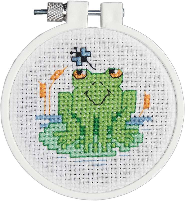 Kid Stitch Soggy Froggy Mini Counted Cross Stitch Kit 3" Round 11 Count