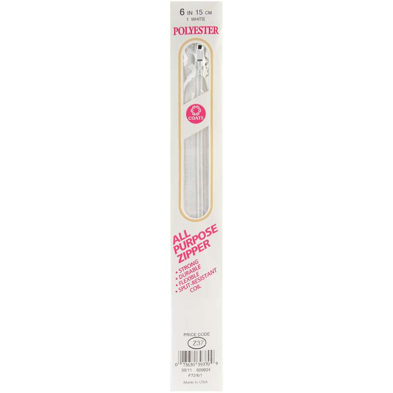 All-Purpose Plastic Zipper 6" White
