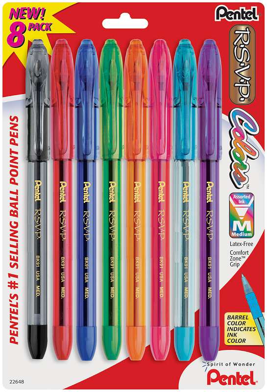 Pentel R.S.V.P. Medium Ballpoint Pens 8/Pkg Assorted Colors