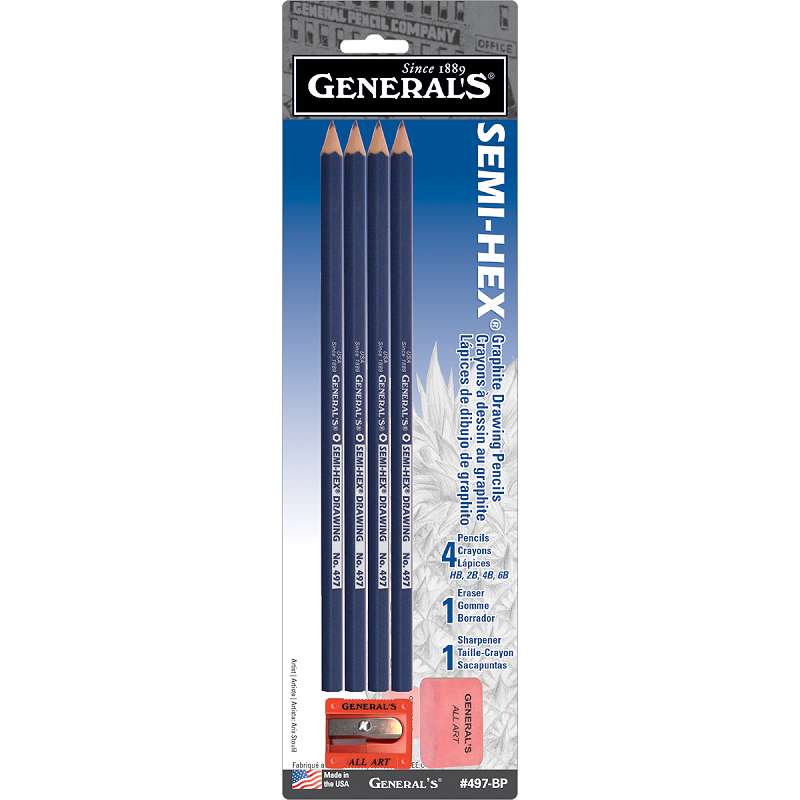 Semi-Hex Graphite Drawing Pencils 4/Pkg HB, 2B, 4B, & 6B