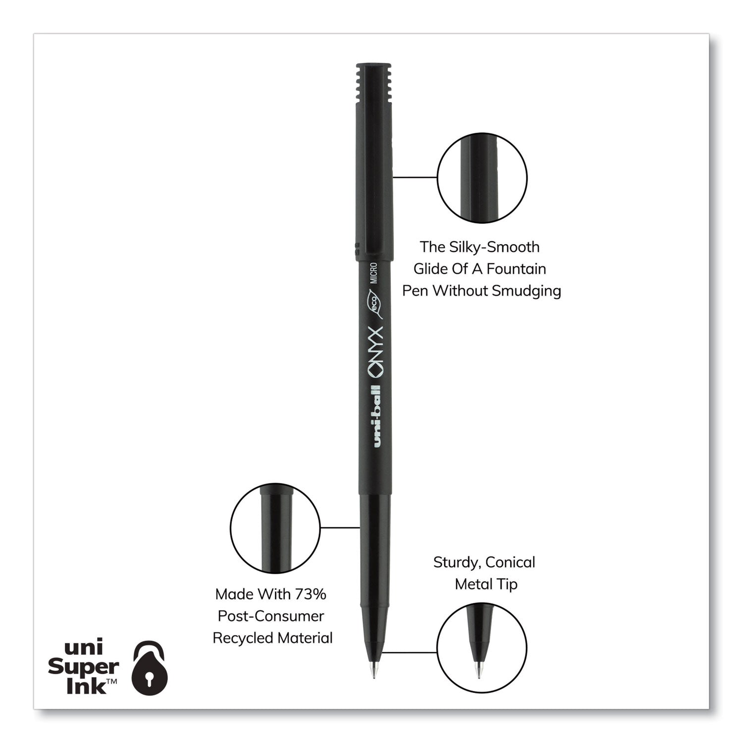 Onyx Roller Ball Stick Dye-Based Pen, Black Ink, Micro, Dozen