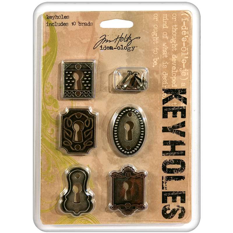 Idea-Ology Keyholes W/Fasteners .75"X1" To 1"X1.5" 5/Pkg Antique Nickel, Brass & Copper