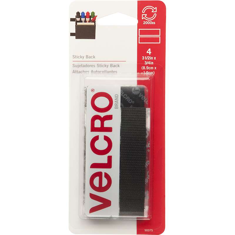 VELCRO(R) Brand STICKY BACK Tape 3/4"X3-1/2" 4/Pkg Black