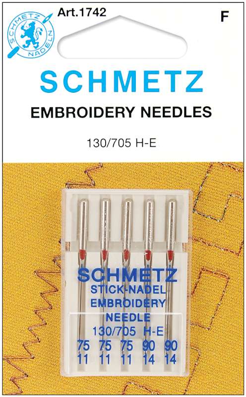 Embroidery Machine Needles Sizes 11/75 (3) & 14/90 (2)