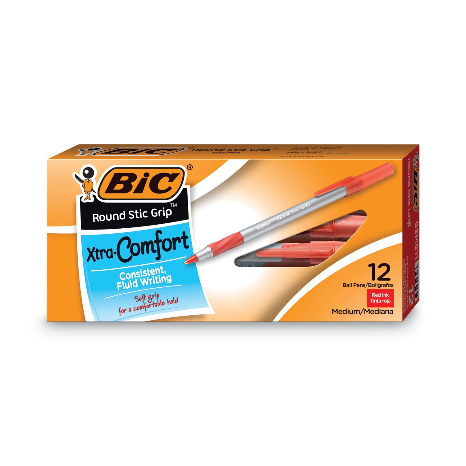 BIC® Round Stic Grip Xtra Comfort Ballpoint Pen, Red Ink, 1.2mm, Medium, Dozen