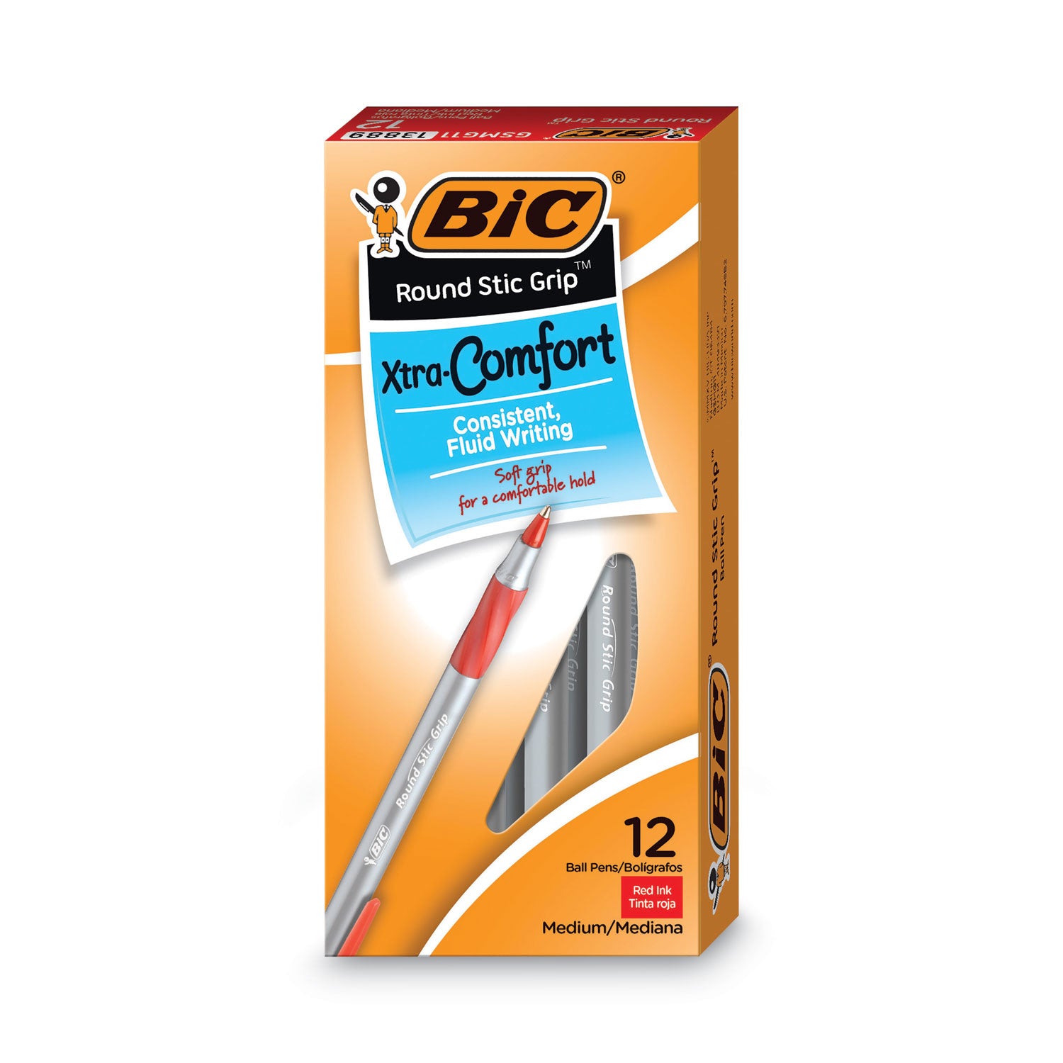 BIC® Round Stic Grip Xtra Comfort Ballpoint Pen, Red Ink, 1.2mm, Medium, Dozen