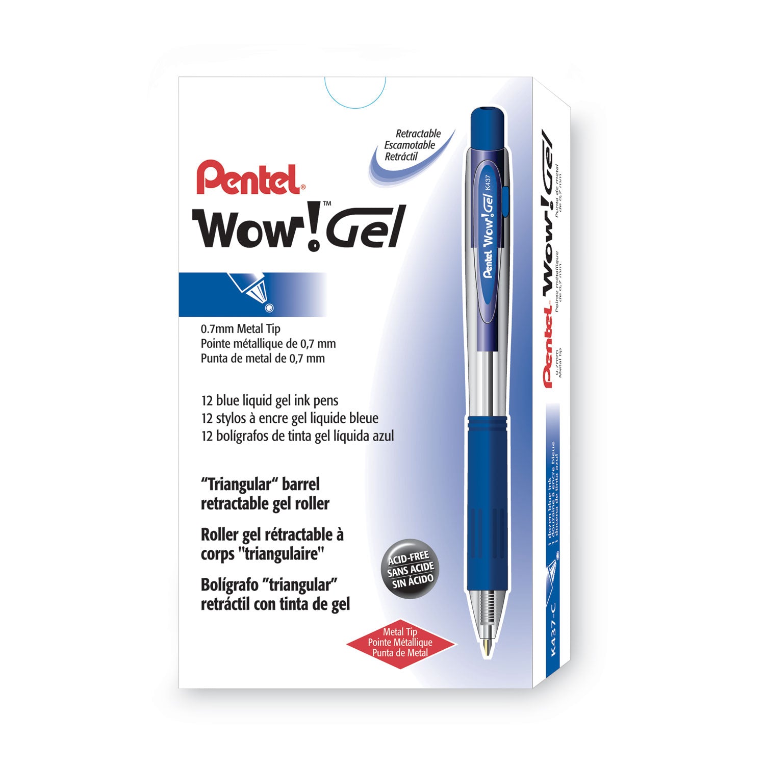Pentel® WOW! Retractable Gel Pen, .7mm, Trans Barrel, Blue Ink, Dozen