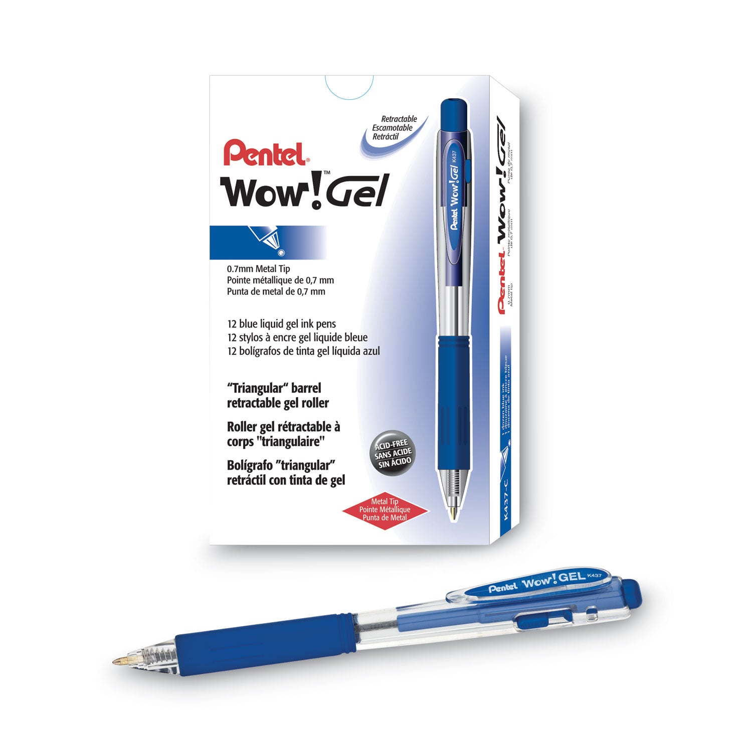 Pentel® WOW! Retractable Gel Pen, .7mm, Trans Barrel, Blue Ink, Dozen