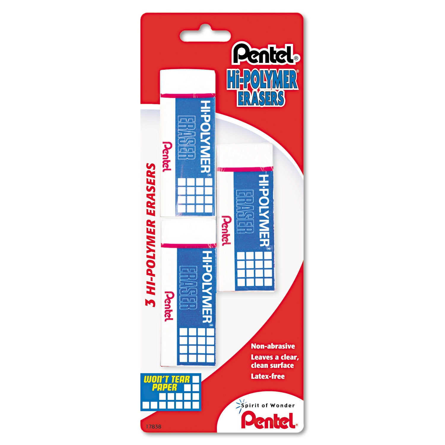 Pentel® Hi-Polymer Block Eraser, White, 3/Pack