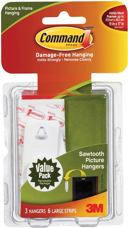 Command Sawtooth Picture Hangers-White 3 Hooks & 6 Stri