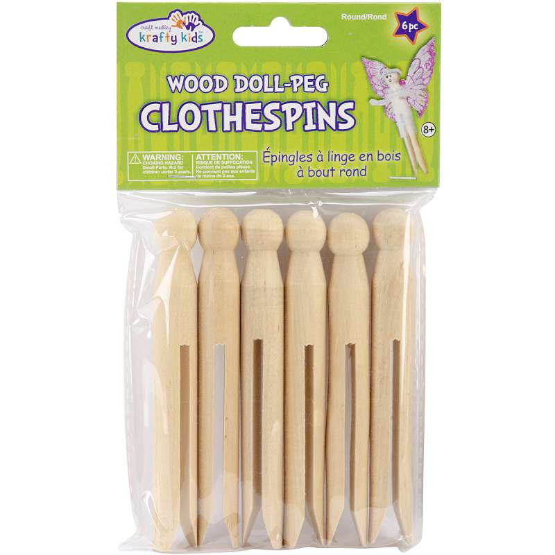 Wood Doll-Peg Clothespins Round Natural 4.25" 6/Pkg