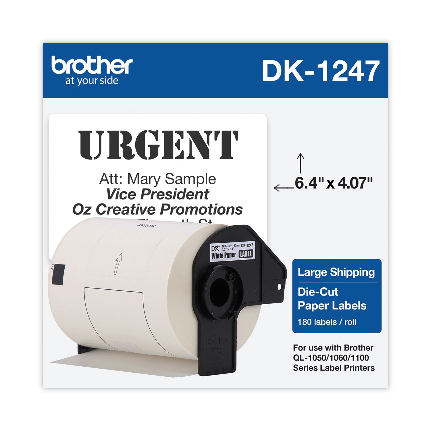 Brother P-Touch® DK1247 Label Tape, 4.07" x 6.4", Black on White, 180/Roll