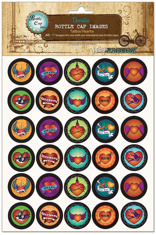 Bottle Cap Inc Vintage Bottle Cap Images 1" 65/Pkg Tattoo Heart