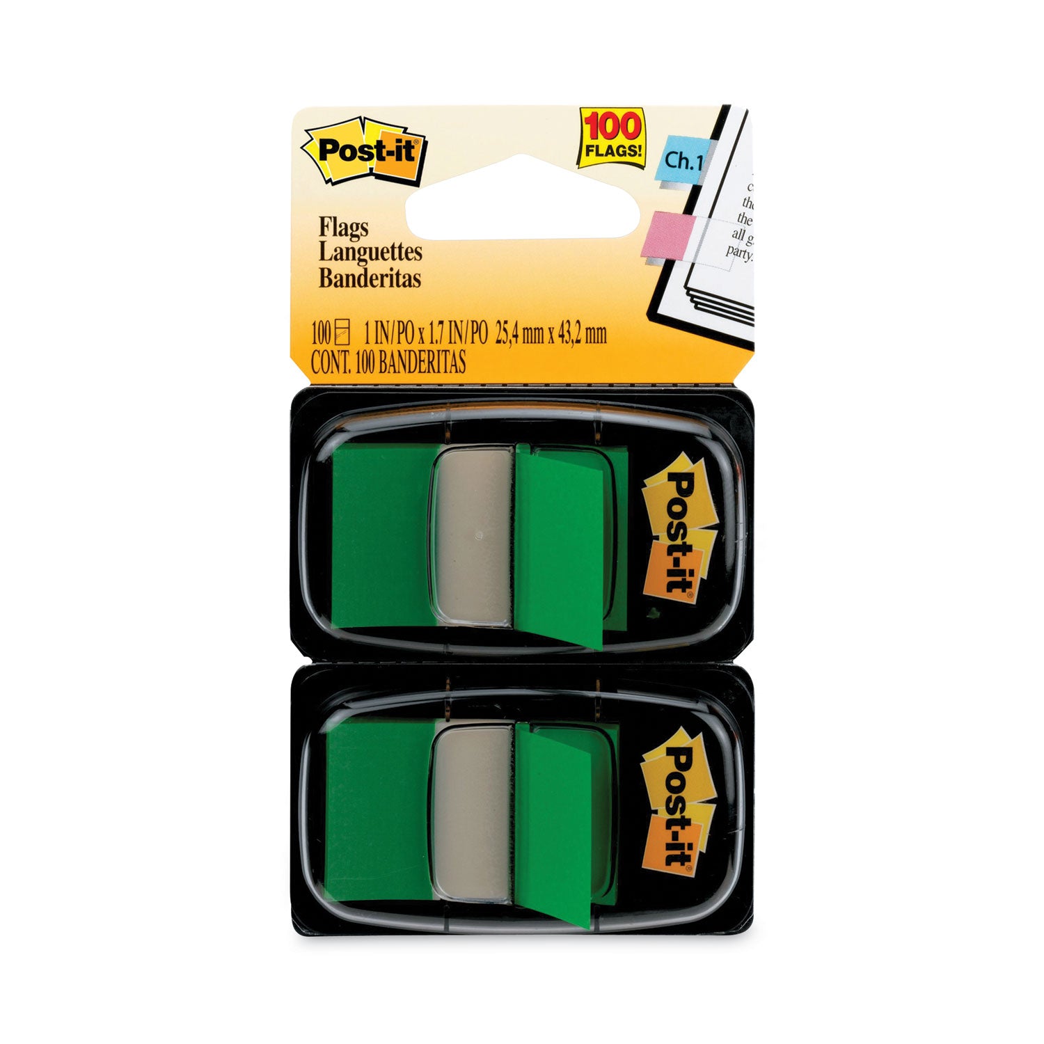 Post-it® Flags Standard Page Flags in Dispenser, Green, 100 Flags/Dispenser