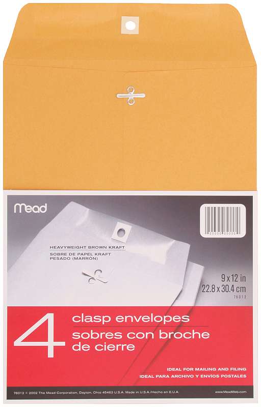Mead Clasp Envelopes 9"X12" 4/Pkg Heavy Kraft