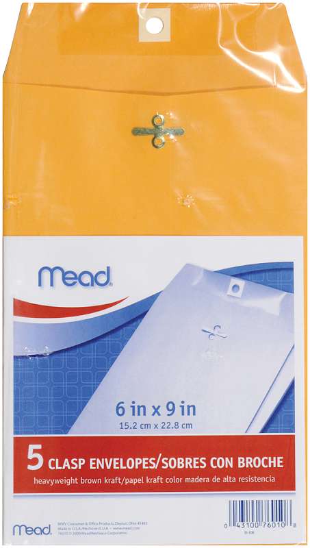 Mead Clasp Envelopes 6"X9" 5/Pkg Heavy Kraft