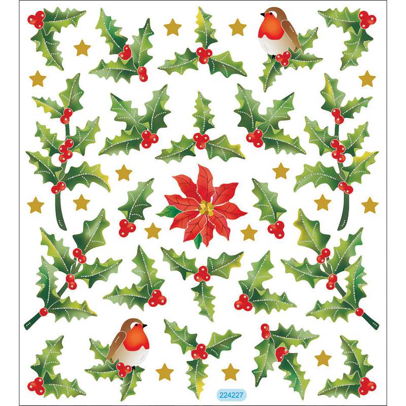 Multicolored Stickers Holly Berries & Birds