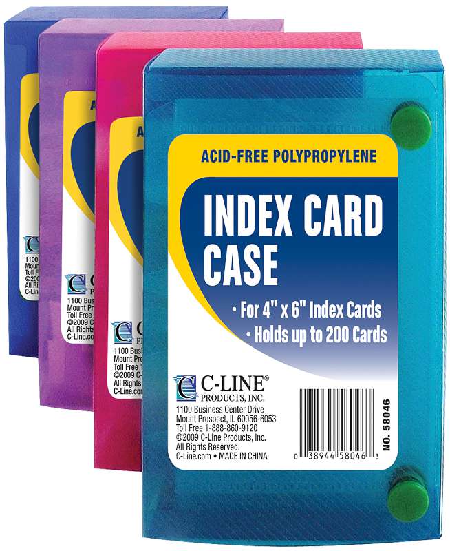 C-Line® Index Card Case, Holds 200 4 x 6 Cards, Polypropylene, Assorted