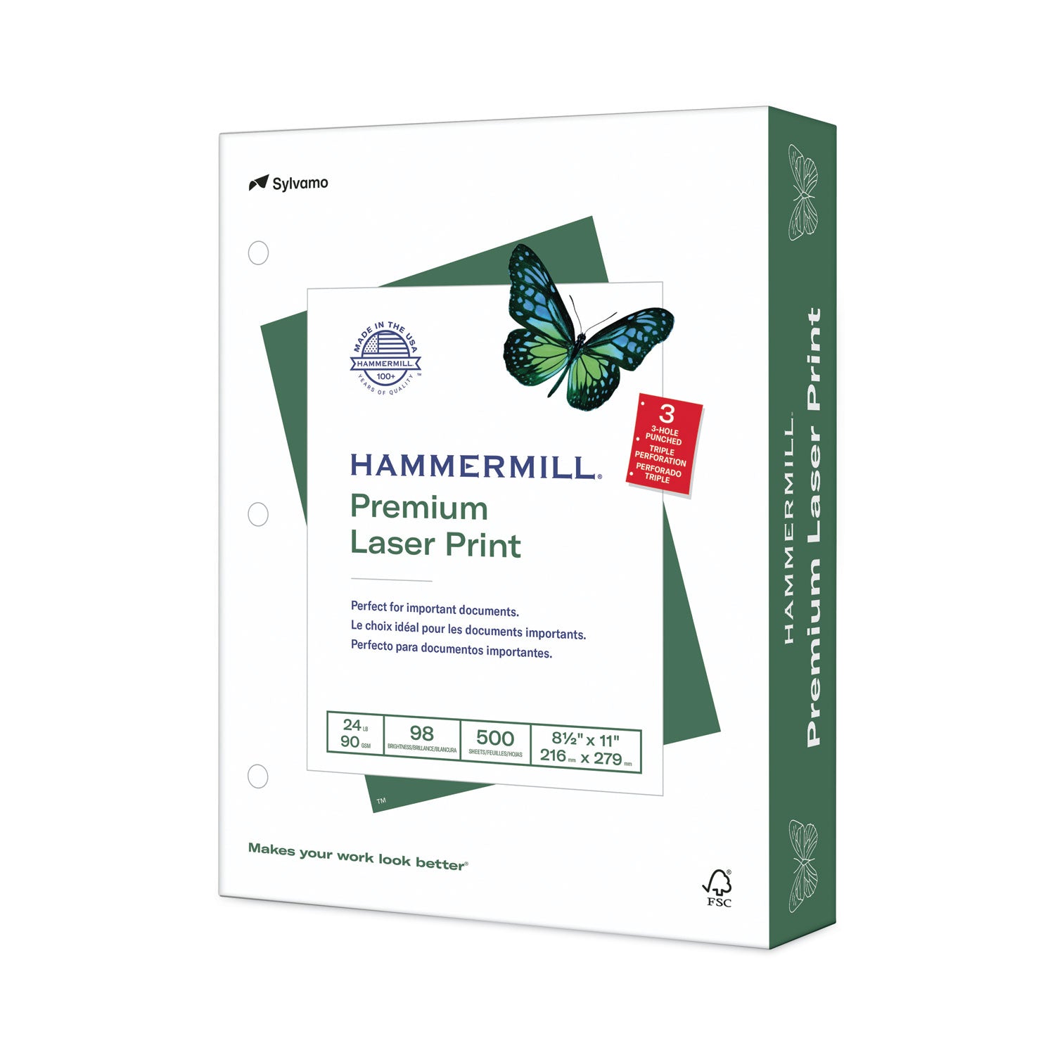 Hammermill® Laser Print Office Paper, 3-Hole Punch, 98 Brightness, 24lb, Ltr, White, 500/Rm