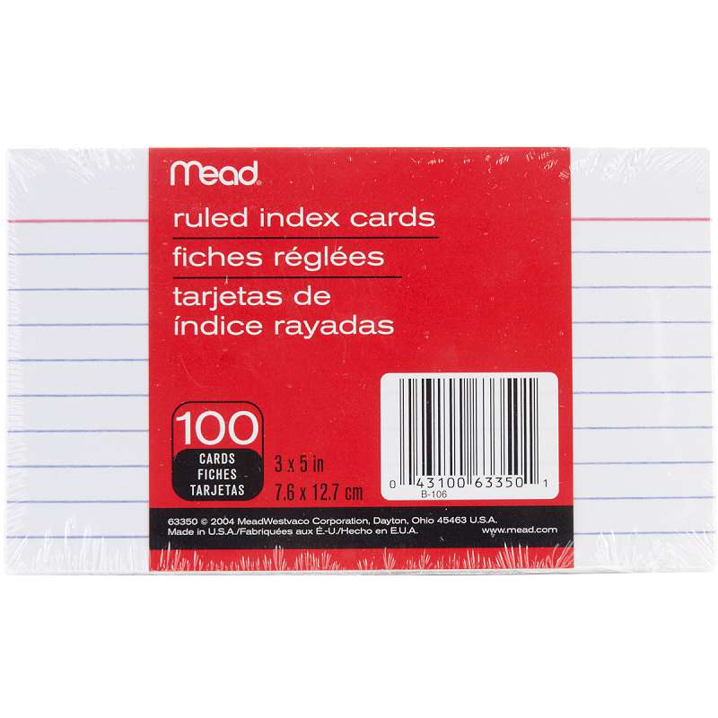 Mead Index Cards 3"X5" 100/Pkg Ruled White