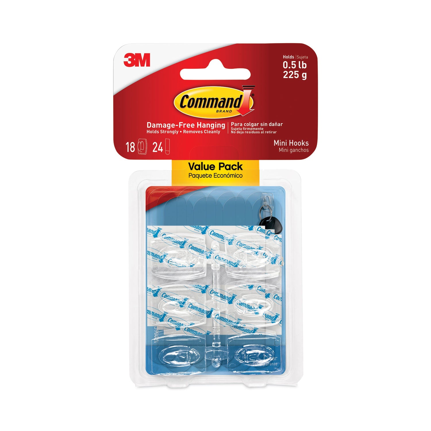 Command™ Clear Hooks & Strips, Plastic, Mini, 18 Hooks & 24 Strips/Pack