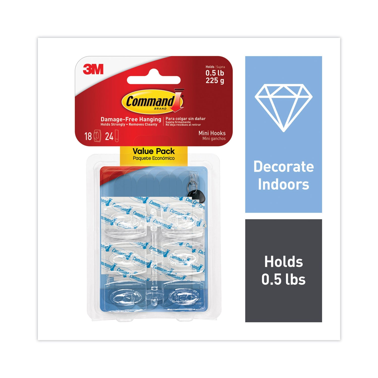 Command™ Clear Hooks & Strips, Plastic, Mini, 18 Hooks & 24 Strips/Pack