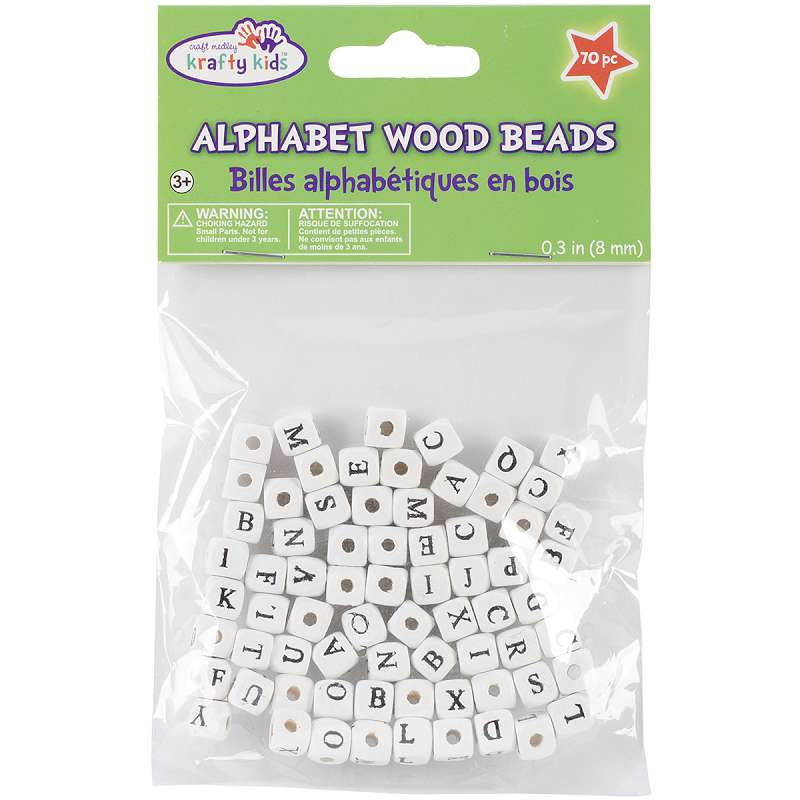 Wood Alphabet Beads 8mm 70/Pkg White