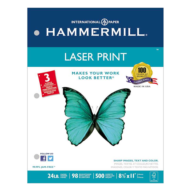Hammermill® Laser Print Office Paper, 3-Hole Punch, 98 Brightness, 24lb, Ltr, White, 500/Rm