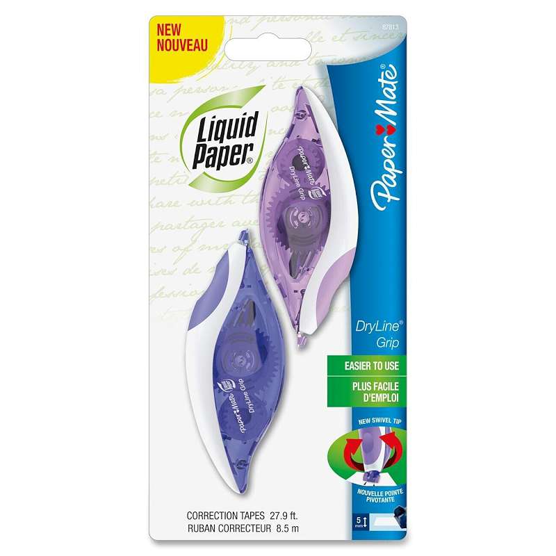 Paper Mate® Liquid Paper® DryLine Grip Correction Tape, 1/5" x 335", Blue/Purple Dispensers, 2/Pack
